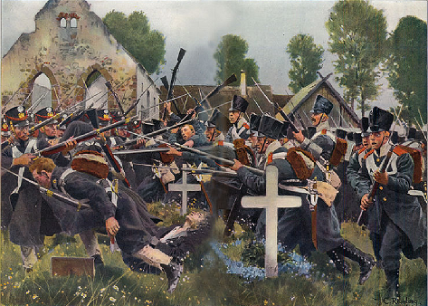 Bataille de Gross Beeren - La pluie empêchant de tirer à l'arme légère, l'infanterie saxonne (à gauche) défend le cimetière de Grossbeeren à la crosse et à la baïonnette contre une attaque prussienne